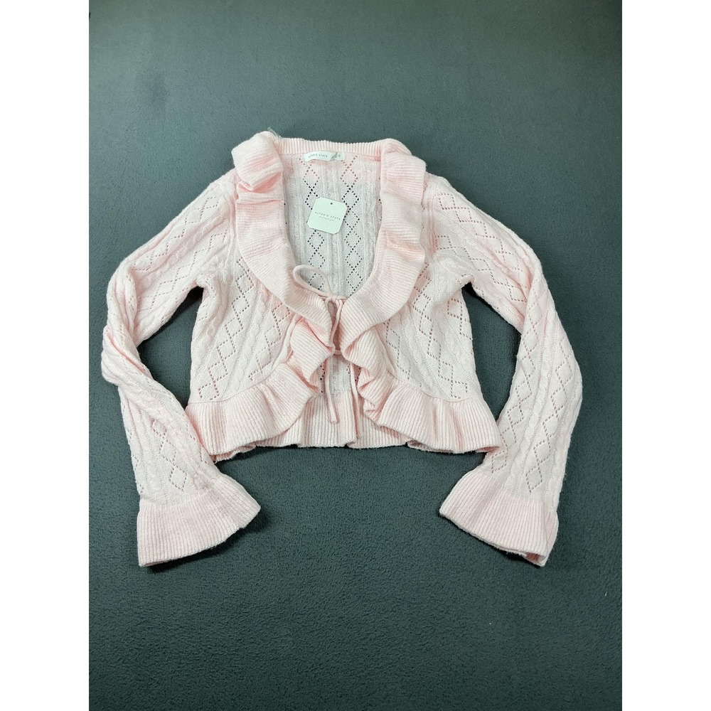 A'R'D STATE Cardigan Sweater Womens S Pink Argyle Open-Knit Ruffle Bell Sleeve
